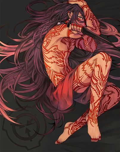 a detailed and stylized drawing of a male anime character with long purple hair sitting on a dark background. they are completely covered in red tattoos and are holding a knife to their mouth. the pose is strange and slightly threatening, with a sense of dark mystery surrounding the character. the art style is very intricate and detailed, with sharp lines and dramatic shadows.