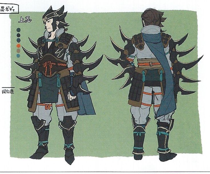 the image shows a concept art design for a samurai character, likely from a video game.  the artwork presents front and back views of the character. the samurai's armor is distinctive, featuring large, spiky protrusions on the shoulders and back that resemble sharp blades or claws.  the color scheme is primarily dark, with accents of teal and orange. the design includes details of the samurai's clothing, boots, and helmet, providing a comprehensive illustration of the character's visual representation. japanese text is present on the artwork, likely indicating character name or color codes.  the background is a simple muted green.