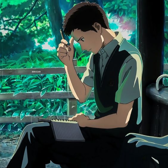 a young man with short brown hair sits on a bench outdoors, deeply engrossed in writing in his notebook. he holds a pen to his temple in thought.  the environment suggests a peaceful park setting with lush green foliage and soft, dappled lighting.