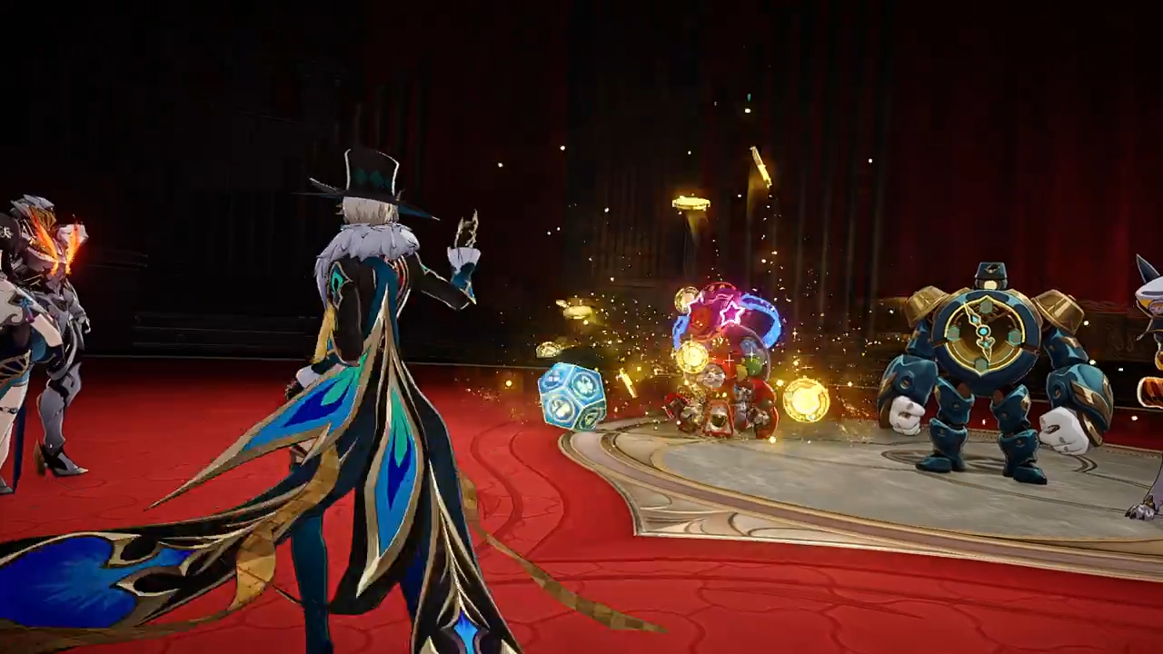 this is a scene from a video game, where a character with a hat and a long flowing cloak is standing in front of several other characters, one of whom is a robot with a clock for a face. the characters are in the midst of battle. the setting appears to be a dark fantasy world.  there are magical effects surrounding them.