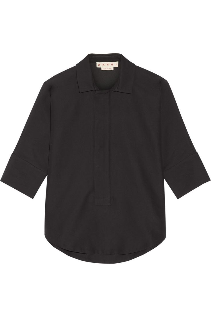 a black, threequarter sleeve buttondown shirt with a collar is displayed on a white background.