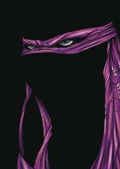 a purple ninja turtle mask with shadowed eyes. it is set against a black background and partially obscured by shadow. the mask is textured and realistic in its illustration. the turtle's face is not visible, and only the shadow of his profile is hinted at.