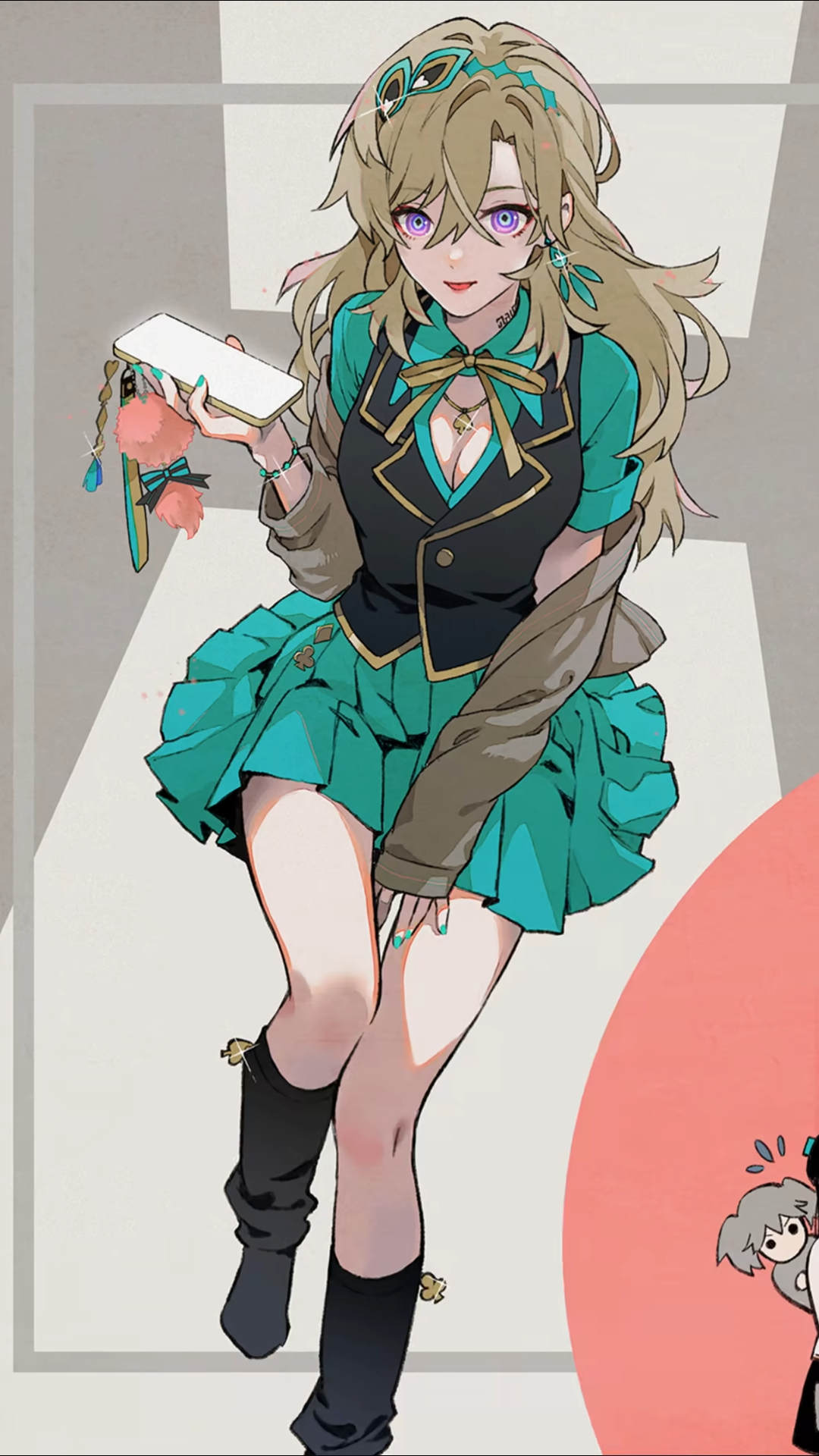 he illustration showcases an animestyle girl with long blonde hair and striking purple eyes. she's dressed in a stylish teal skirt and a black vest, layered over a brown jacket.  she's accessorized with a necklace, earrings, and what appears to be a phone case with charms. she's holding a cell phone and her overall demeanor is cute and fashionable. the art style is clean and detailed, with a focus on vibrant colors and expressive character design.  a smaller, stylized character is visible in the background, adding a whimsical element to the scene. the setting is simple, focusing attention on the main character.