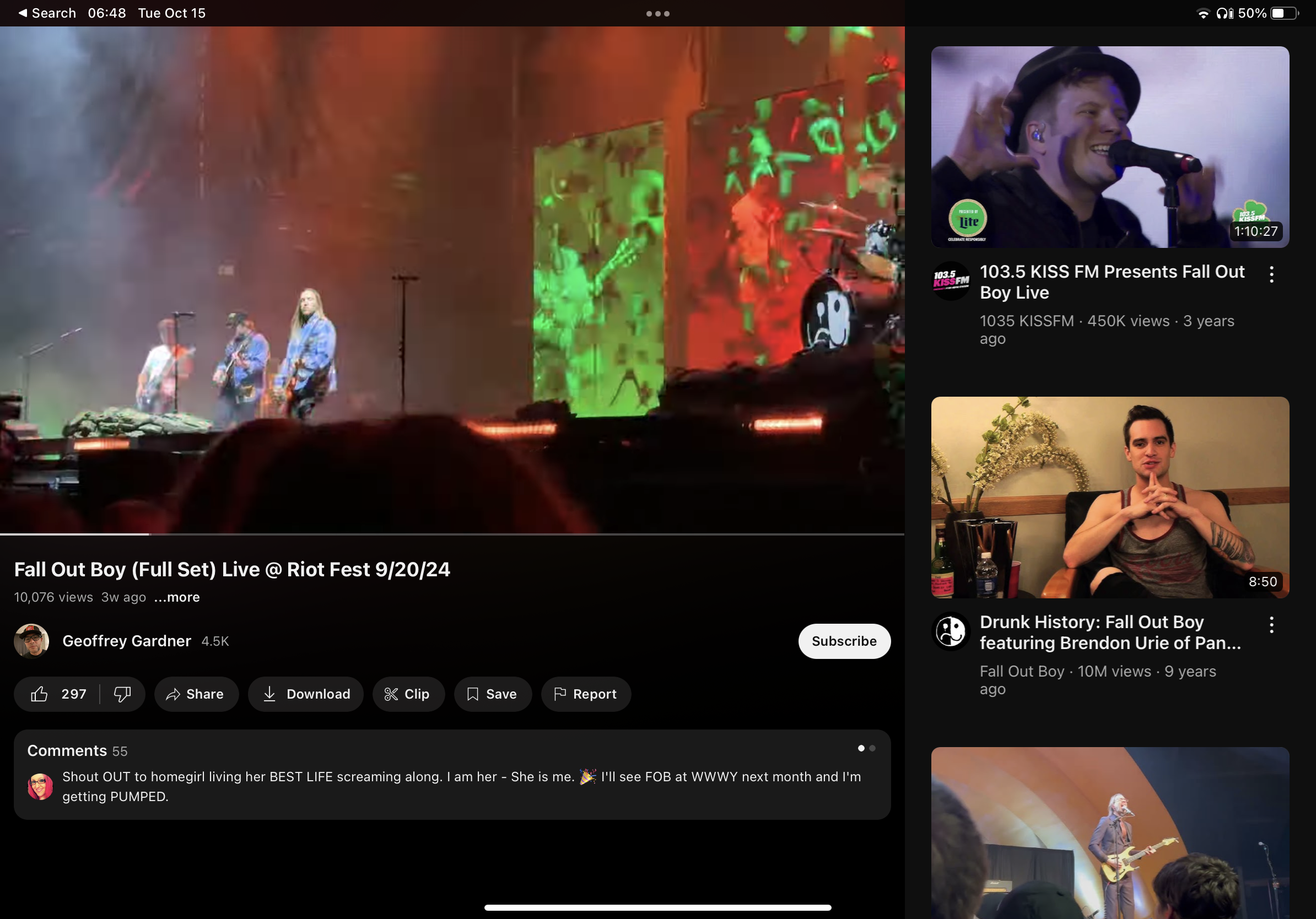this is a screenshot of a youtube page showing a video of fall out boy performing live at riot fest 2024. the top left corner shows a live performance of fall out boy playing on stage. the video on the top right is a 103.5 kiss fm live performance of fall out boy. the video on the bottom right is a drunk history episode with fall out boy featuring brendon urie. the bottom left shows the comments and a video of fall out boy playing in a different setting. the screen shows the fall out boy video is being watched on an ipad.