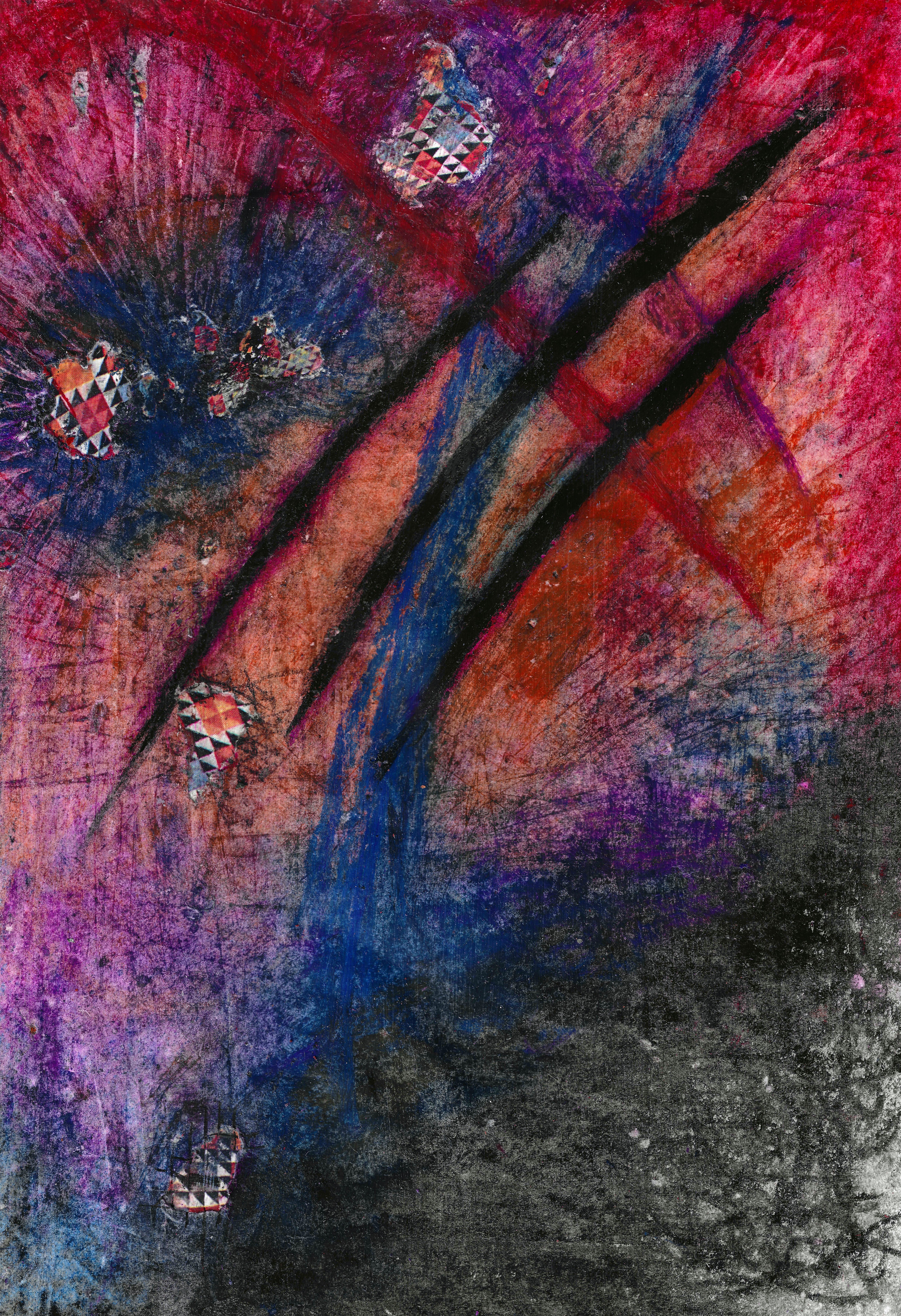 the abstract painting is a colorful and textured work of art. it features bold black lines and strokes, interspersed with shades of blue, red, and purple, creating a dynamic and engaging composition. the painting has a textured quality, suggesting the use of mixed media and layered brushstrokes. the colors are rich and vibrant, and the overall effect is one of energy and movement. the piece evokes a sense of depth and intrigue, inviting the viewer to explore its intricate details. the painting's abstract nature leaves room for interpretation and personal engagement, making it a compelling work of contemporary art.