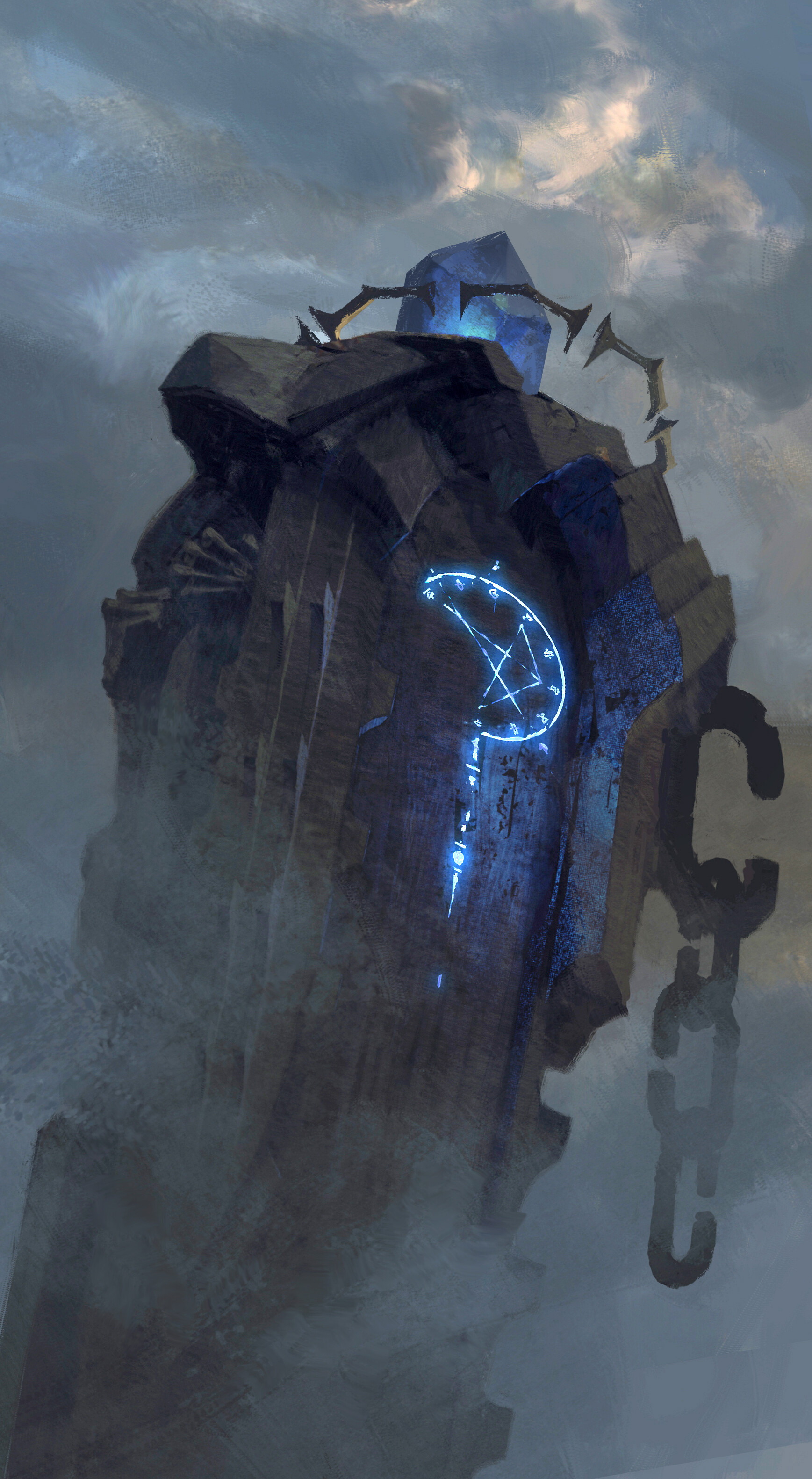 this image showcases a towering, ancient stone structure shrouded in mist.  a glowing blue rune with a crescent moon shape at its center is etched into the stone. a heavy chain hangs from the right side of the structure, disappearing into the mist below. the structure has a weathered and imposing appearance, suggesting a sense of history and mystery. the overall tone of the image is dark and atmospheric, with soft lighting that casts subtle shadows and highlights.