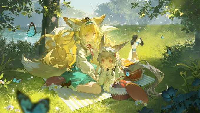 the image showcases a heartwarming scene of two girls, seemingly sisters, enjoying a sunny picnic in a picturesque forest clearing. they both have fox ears and tails, suggesting a fantastical element. the older girl, with flowing golden hair, wears a cheerful expression as she interacts with her younger companion, who has silver hair and looks equally delighted. their picnic blanket is laid out on the lush green grass, adorned with a basket overflowing with treats and surrounded by delicate white flowers. vibrant blue butterflies flutter about, adding to the magical ambiance. the gentle sunlight filtering through the leaves creates a warm and inviting atmosphere. in the background, a serene river flows peacefully, and a windmill peeks through the trees, hinting at a nearby village. the overall composition exudes a sense of joy, tranquility, and the strong bond between siblings.