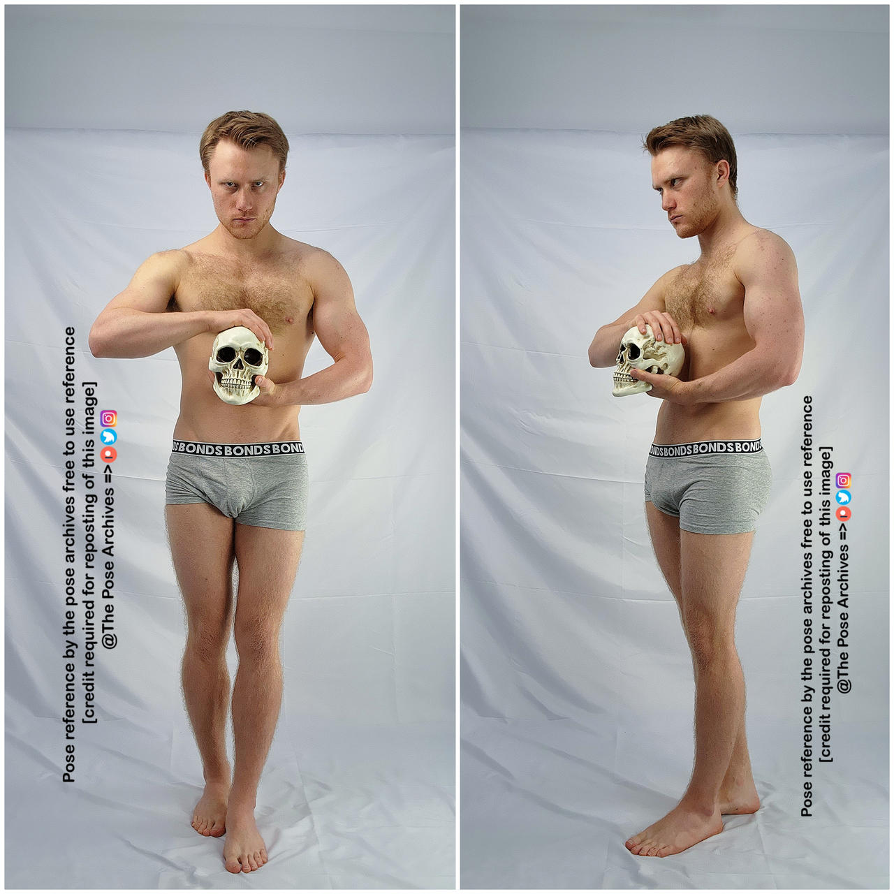 a shirtless male in grey underwear is holding a skull in two different poses against a white background in a studio setting.