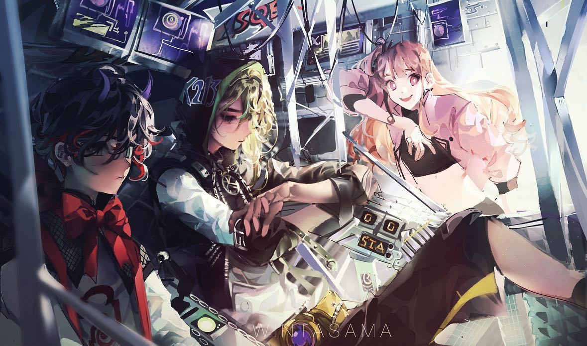 he image is a vibrant digital painting of three animestyle girls in a futuristic, cyberpunk setting. the girls are positioned within a cluttered space filled with technological devices and wires, creating a sense of complexity and dynamism. the artwork is detailed, with intricate designs on the characters' clothing and the surrounding environment. the color palette is rich and diverse, incorporating bright, bold colors that contrast with darker shades. the overall style is visually striking and engaging, reflecting a combination of fantasy and science fiction elements.  the girls each have unique hairstyles and outfits and expressive poses, suggesting individual personalities. the artist's signature or watermark is visible in the bottom right corner.