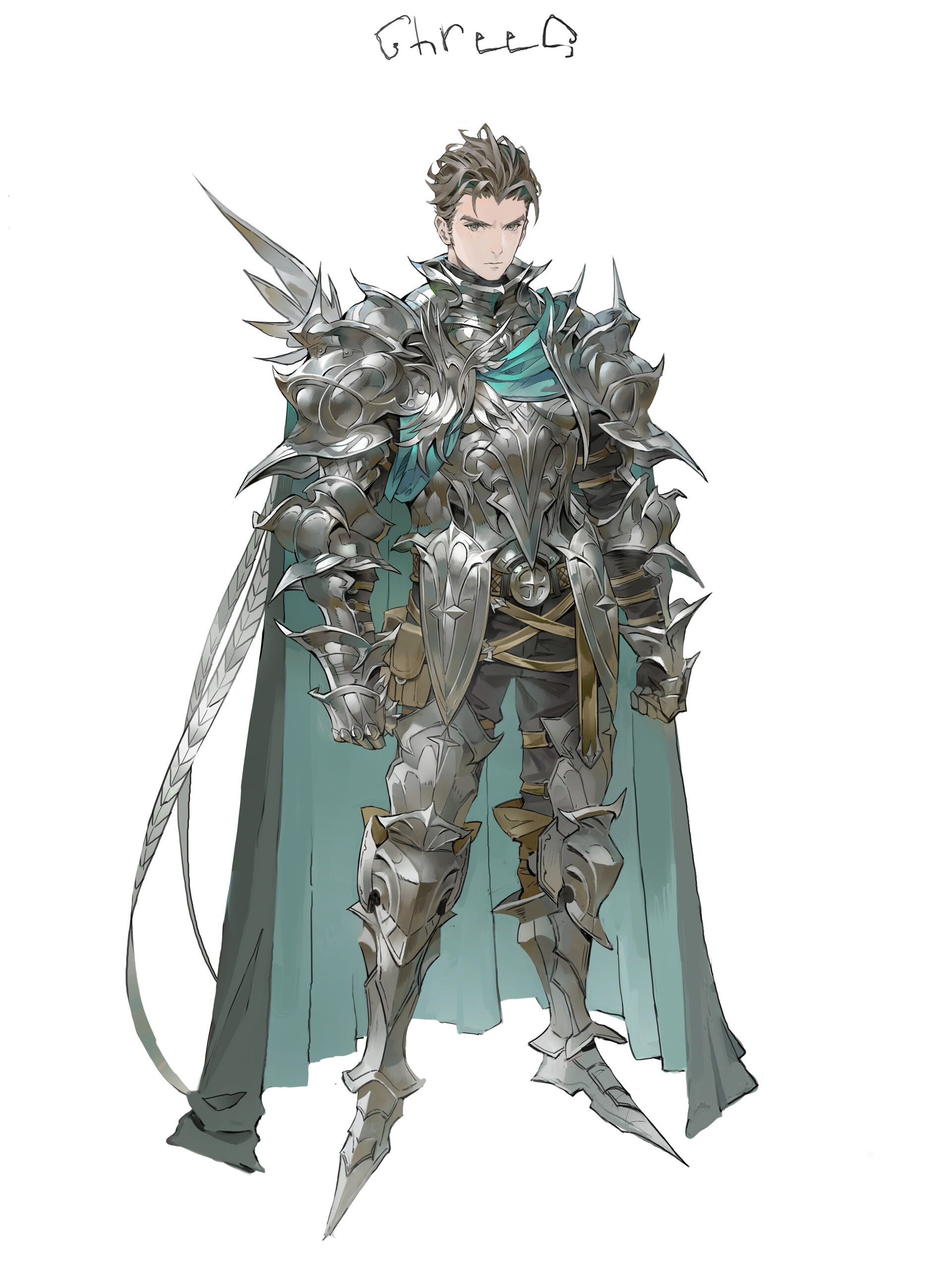 illustration of a male knight wearing intricate silver armor with spikes, a turquoise scarf, and a light grey cape. he stands in a full body pose.