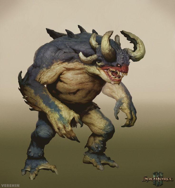 a digital rendering of a fantasy creature, a large and imposing monster with sharp claws, horns and a wide open mouth, from the game spellforce. the creature has a blue and beige skin with yellow and red markings, a rough texture and jagged claws and teeth. it's rendered in a realistic style.