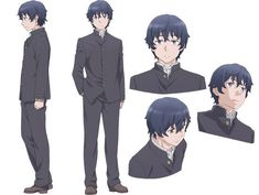 a digital character design sheet of a male anime character wearing a school uniform with different angles and expressions.