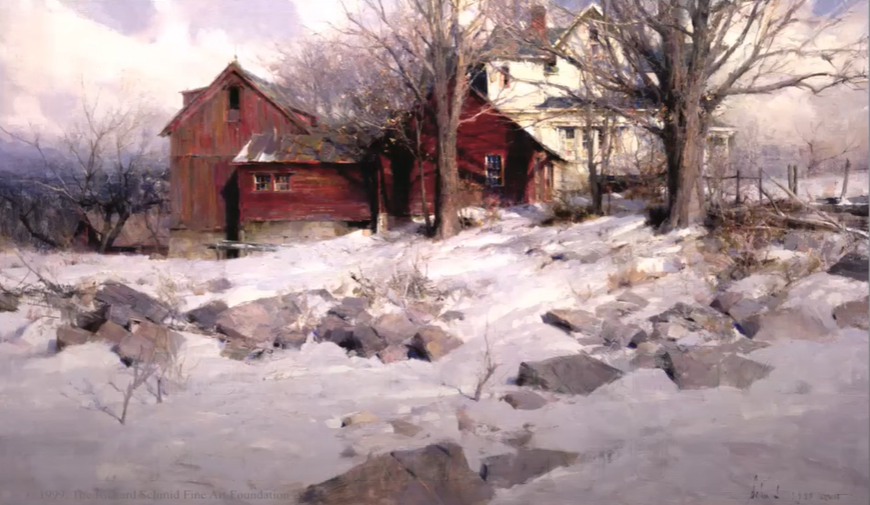 a serene winter landscape painting featuring a snowcovered farm. two red barns and a white farmhouse stand amidst snowladen trees. the foreground showcases a snowdrift and a scattering of rocks.  the overall atmosphere is tranquil and picturesque, capturing the beauty of a snowy winter day.