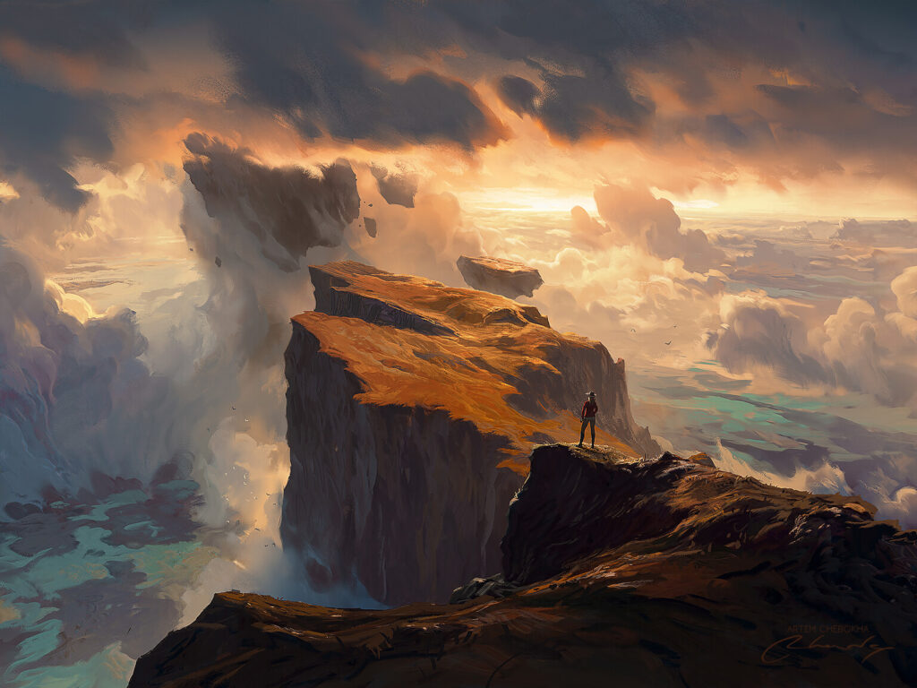 the image showcases a breathtaking mountain landscape bathed in the warm glow of a setting sun. towering mountains pierce through a sea of clouds, their peaks illuminated by the golden light. a lone adventurer stands on a precipice, gazing out at the aweinspiring vista. the scene evokes a sense of grandeur, solitude, and the allure of the unknown.