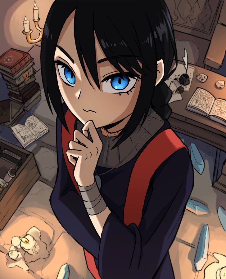 a woman with black hair and blue eyes, wearing a black and red shirt, is looking at the viewer with a serious expression. she is standing in a room with a wooden table, books, and candles.  there are also crystals on the table.  she is thinking about something, with her hand on her chin. the image is a digital illustration in a fantasy style.