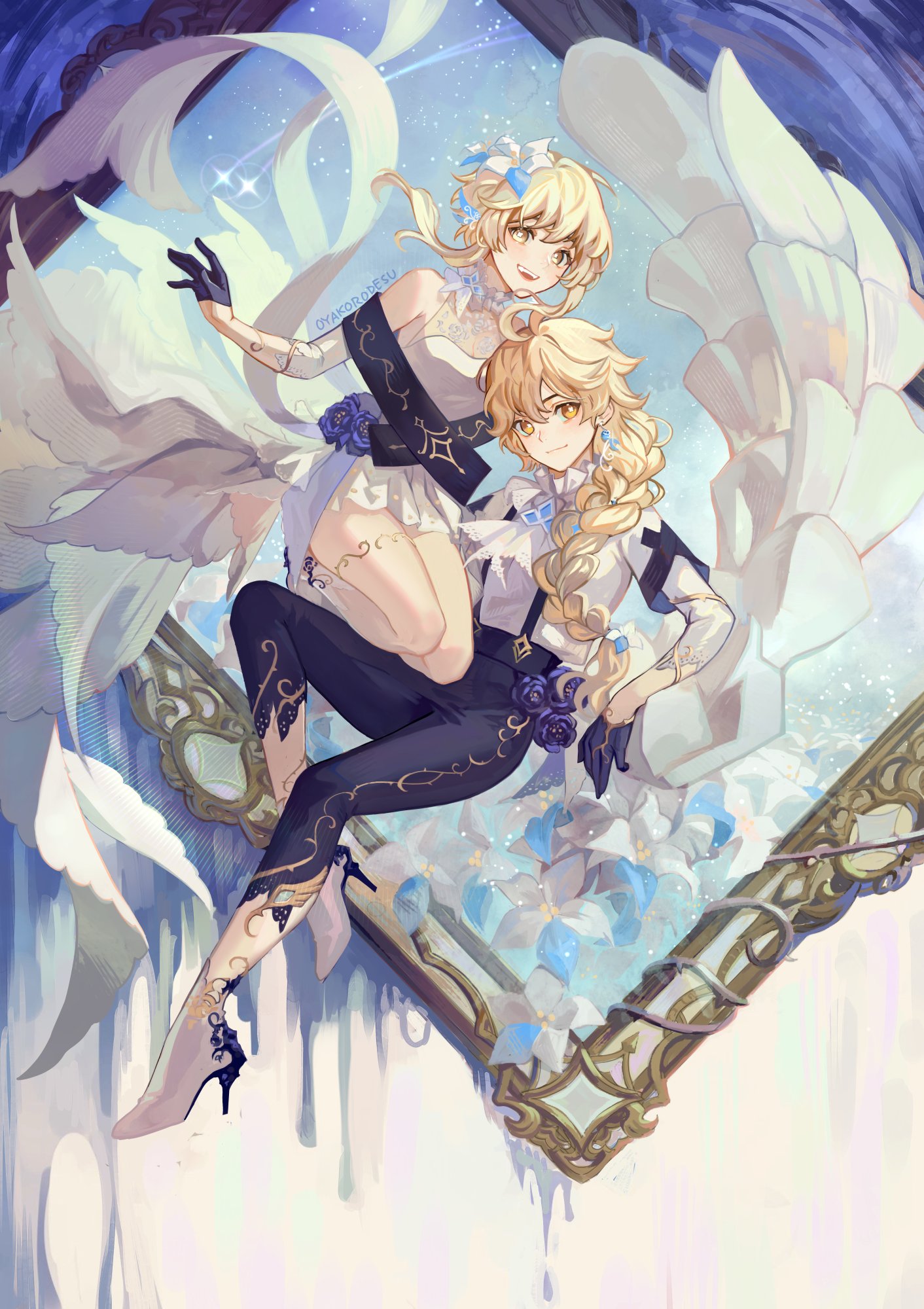 the image shows two anime girls dressed in elegant fantasy attire, surrounded by white and blue flowers. they are posed in a dramatic fashion,  with the girl on the bottom leaning forward and the girl on the top leaning backward, both with their arms outstretched. the girl in the background is wearing a white dress with long sleeves and a black sash. the girl in the foreground is wearing a black and gold outfit and long sleeves, with a white shirt underneath. the girls are framed by a golden frame, which is decorated with blue and white flowers. the image is set against a backdrop of a starry sky.