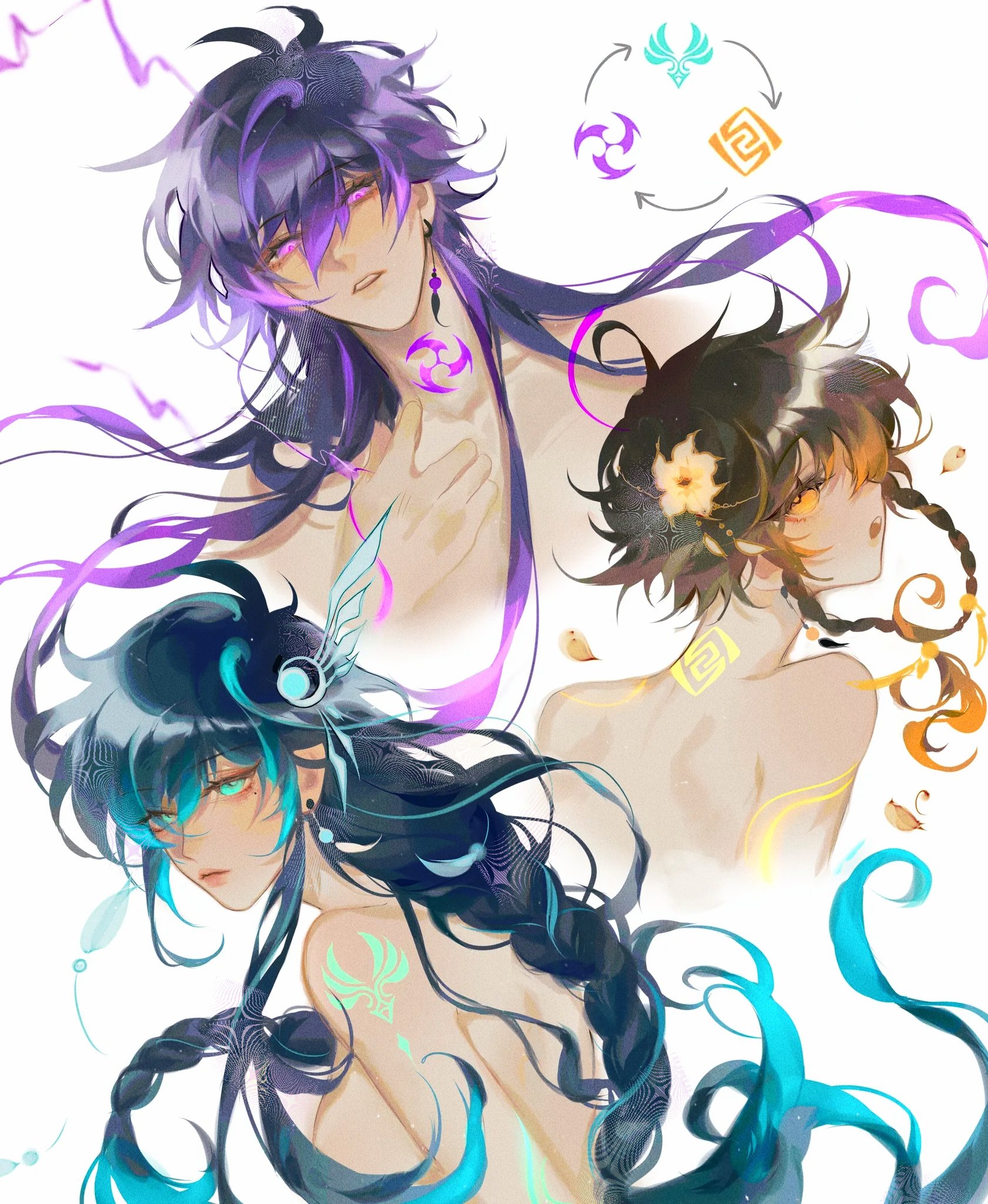 he image is a digital painting of three animestyle characters. the central character has long, flowing purple hair and is barechested, with a few tattoos visible. to the right, a character with shorter brown hair and gold accents is also shown, barechested with gold tattoos. to the left, a character with long teal hair is shown, partially visible from the back with a similar tattoo style.  all three characters have a soft, ethereal look to them, with flowing lines and vibrant colors defining their hair and the background. the style is whimsical and dreamy.  abstract symbols float in the upper right corner, possibly representing connections between the characters. the overall mood is fantastical and magical.