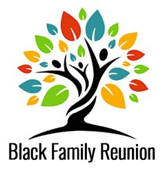 the image is a logo for a black family reunion. it features a stylized tree with colorful leaves and a black trunk and branches. the tree represents the family tree and the interconnectedness of family members. the colorful leaves symbolize the diversity and vibrancy of the family. the text "black family reunion" is written below the tree.