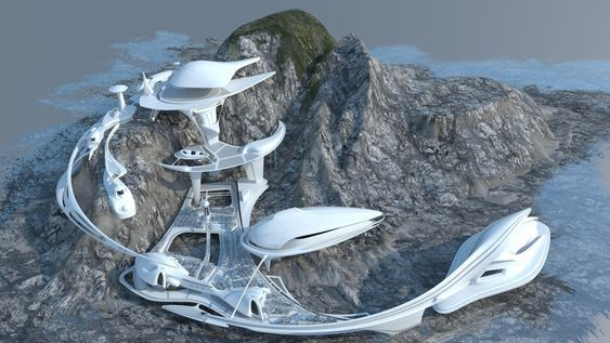 a 3d render of a futuristic, white, building complex with curvy, organic lines that is built on a rocky island. the surrounding water is a dark blue color.