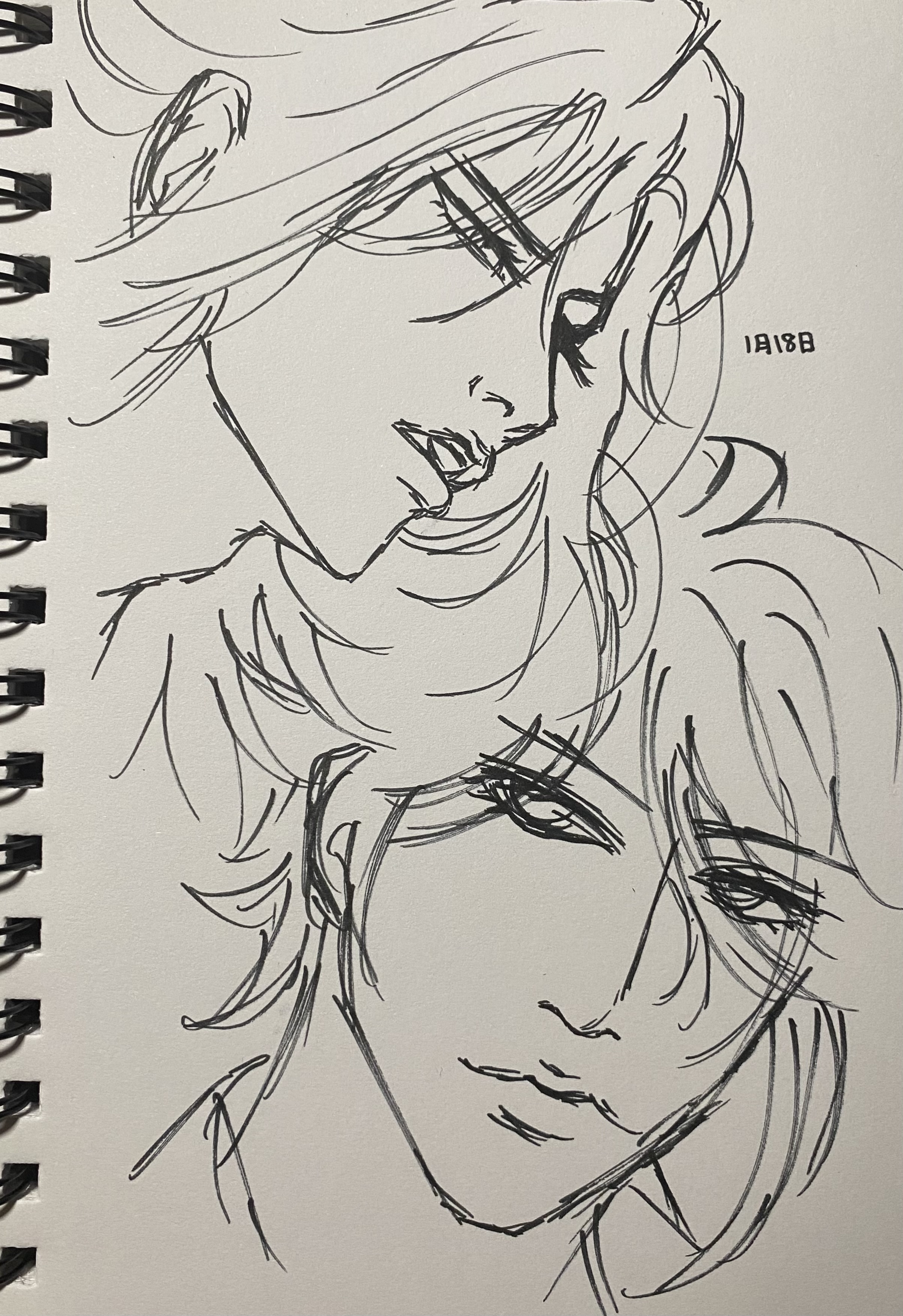 the image is a black and white ink drawing featuring two individuals, their faces intimately close together. the style is reminiscent of manga or anime, with expressive line work emphasizing the eyes and hair. the figures' hair is somewhat stylized, with loose and flowing strands.  one figure seems to be leaning over or supporting the other, creating a sense of closeness and possibly affection. the drawing uses varied line weights to create depth and texture, indicating a skilled hand at work. the overall impression is one of a tender and emotional moment. the drawing is done on what appears to be sketchbook paper with a spiral binding.  there is a small datelike notation in the upper right corner.