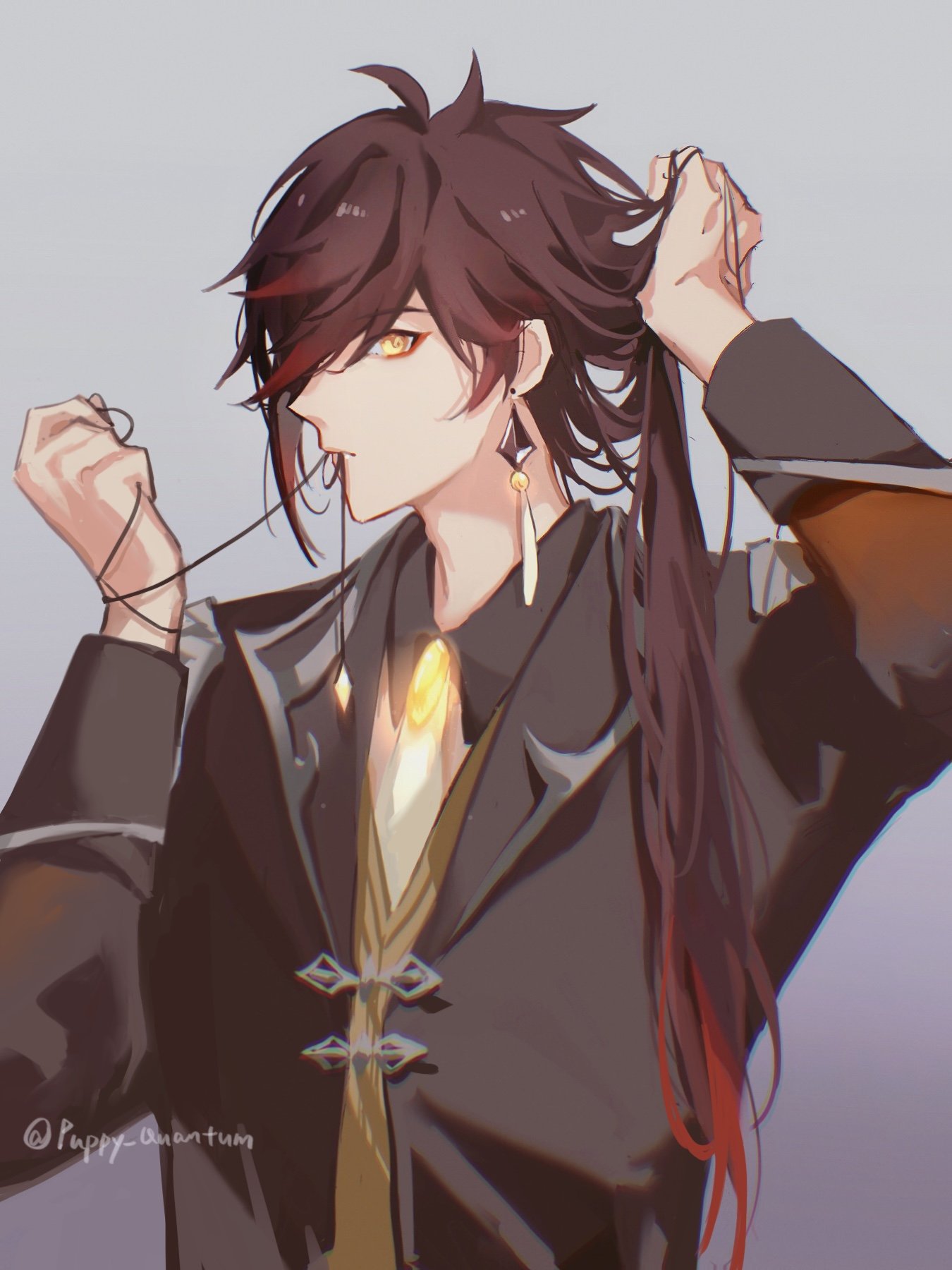 an anime styled male character is illustrated in a black suit with a tie.  he has dark brown hair that is pulled back in a ponytail with a few red strands.  he's wearing golden earrings, and his golden eyes are looking at the viewer while he holds his hair.  the artwork is drawn on a white background with a light purple hue.