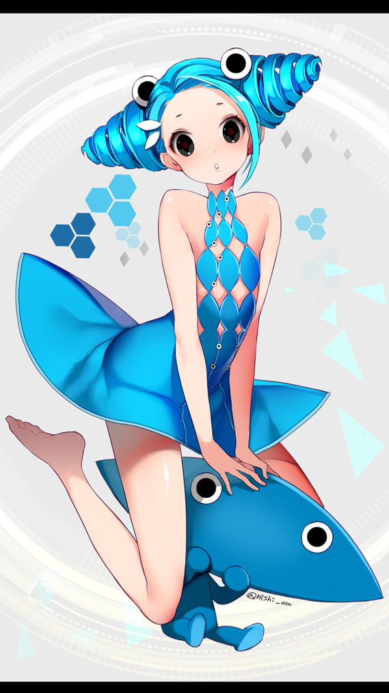 this image depicts a young girl with long flowing blue hair, styled in a complex manner. she's wearing a vibrant blue and white dress, showcasing a pattern of interconnected diamond shapes. her large, expressive eyes convey a sense of happiness and innocence, hinting at a playful personality. she's sitting on a blue creature that resembles a stylized fish, with large, round eyes and a friendly expression. the artwork is vibrant and colorful, showcasing a lively and whimsical tone. the overall style is cartoonish and playful, likely drawn digitally with a focus on bright colors and dynamic poses. this image conveys a sense of cheerfulness and innocence, likely catering to a young audience.