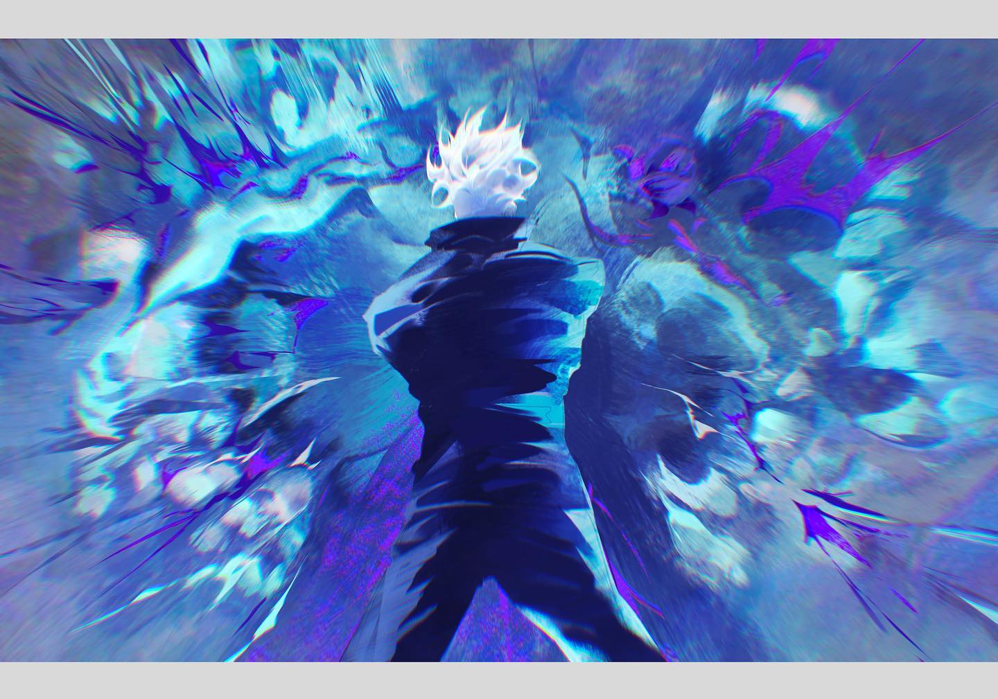 the image showcases a dynamic scene of an animestyle male character seemingly unleashing a burst of powerful energy. the perspective is from a low angle, emphasizing the character's imposing presence. the character, with white hair, is clad in a dark, flowing outfit. surrounding him is an abstract explosion of vibrant blue and purple energy, suggesting immense power and movement. the lighting is primarily from behind, creating a silhouette effect and further highlighting the radiant energy. the overall style leans towards abstract and surreal, emphasizing the raw energy of the moment.