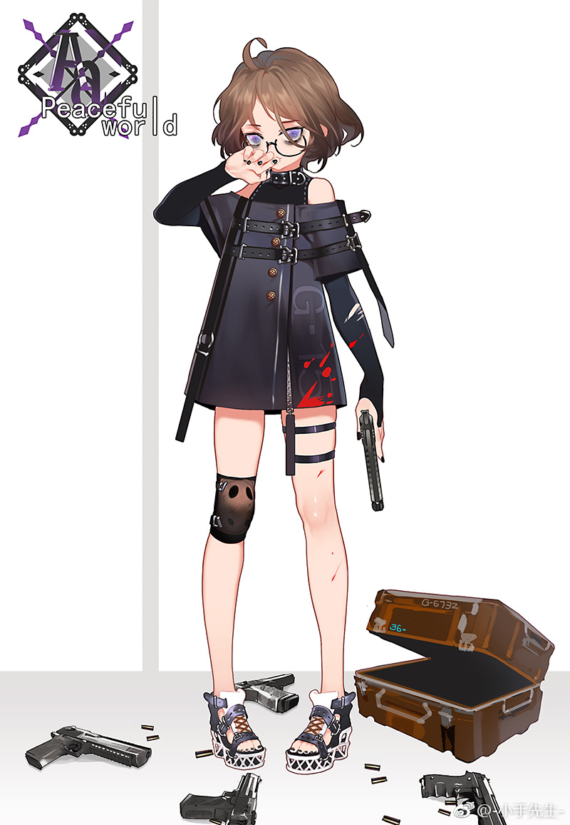 the image is a digital drawing of a female anime character in casual clothing and footwear. the character is standing in front of a plain white background. the character is wearing a black jacket with a black belt, black pants with one knee pad and a black strap, and a pair of white and black shoes with heels. the character has her brown hair tied up in a ponytail and is wearing large black glasses. the character is also holding a handgun in one hand and has several pistols scattered around on the floor. there is a brown box on the floor with the top half of the box open and the top half flipped over so that the opening is facing away from the viewer. the character has a dark background behind her that says “peaceful world” in large white font with a purple symbol on the top. the character is also holding a weapon in one hand, which can be interpreted as being ready for combat.