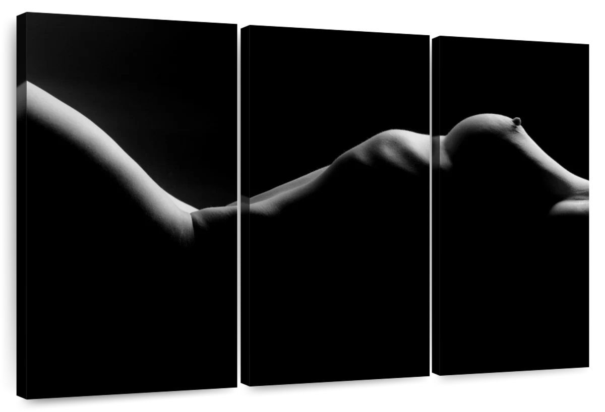 the image is a black and white photograph of a nude female body lying on her side.  the lighting is dramatic, with strong shadows and highlights creating a high contrast image that emphasizes the curves and form of the body. the subject is partially obscured by shadows, adding an element of mystery and intrigue. the overall effect is sensual and artistic, emphasizing the beauty of the human form through abstract representation.  the dark background isolates the figure.  a dark band or strap is visible across the torso.