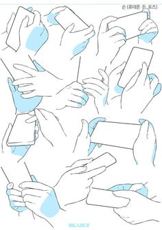 this illustration shows multiple drawings of hands holding a phone. each drawing displays a different hand gesture and phone position. the purpose of the image is to provide an artist with reference material.