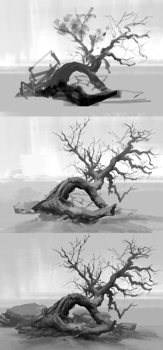 the image presents three grayscale sketches of a gnarled and twisted dead tree, likely designed for a game or animation. each iteration refines the form and structure of the tree, adding more detail to the branches and roots. the final sketch provides the most depth and dimension, suggesting a sense of age and weathering through its intricate details. the background remains minimal, keeping the focus solely on the stark beauty of the dead tree.