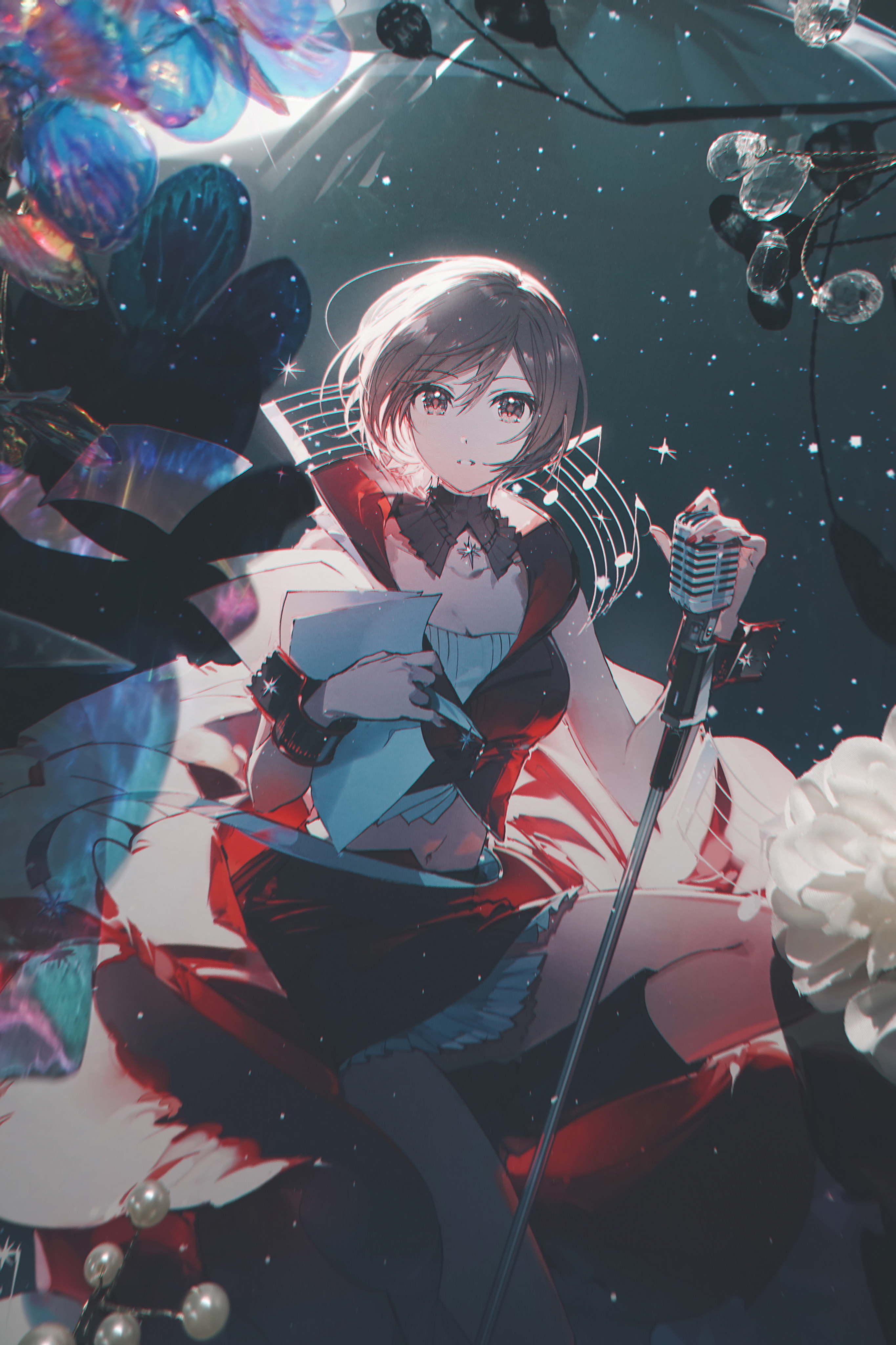 an anime girl with short brown hair and red eyes is singing on a stage. she is wearing a red and black dress and holding papers in her hands. there is a microphone in front of her and musical notes floating around her. the background is dark with stars and there are flowers, pearls, and crystals around her.