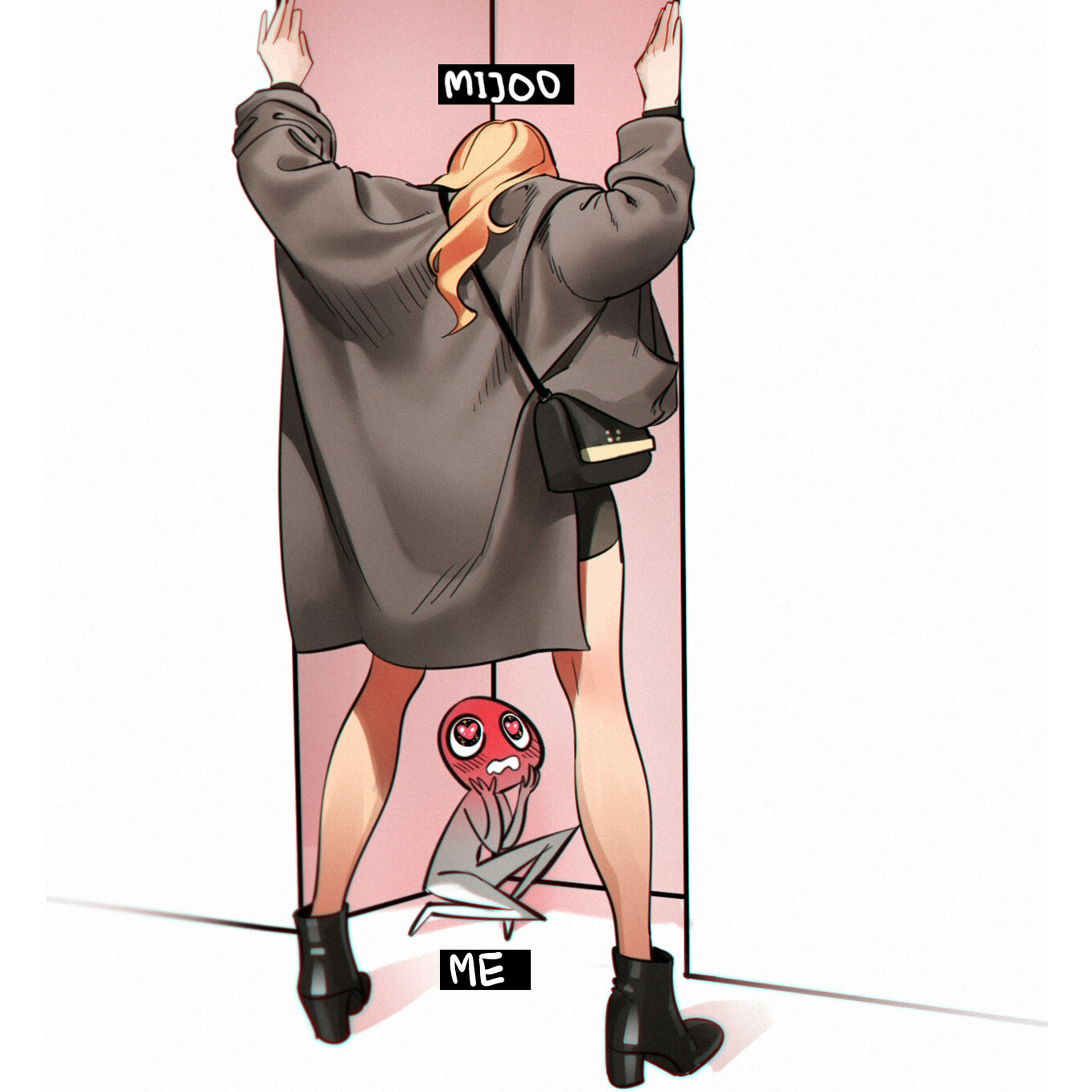 a humorous illustration of a tall woman holding open a door. a small, red alien creature with large eyes is crouched in the doorway, looking up at the woman with a lovestruck expression. the woman is unaware of the alien's presence. the text "mijoo" labels the woman, while "me" labels the alien, suggesting a humorous selfdeprecating take on having a crush.  the art style is reminiscent of manga or anime.