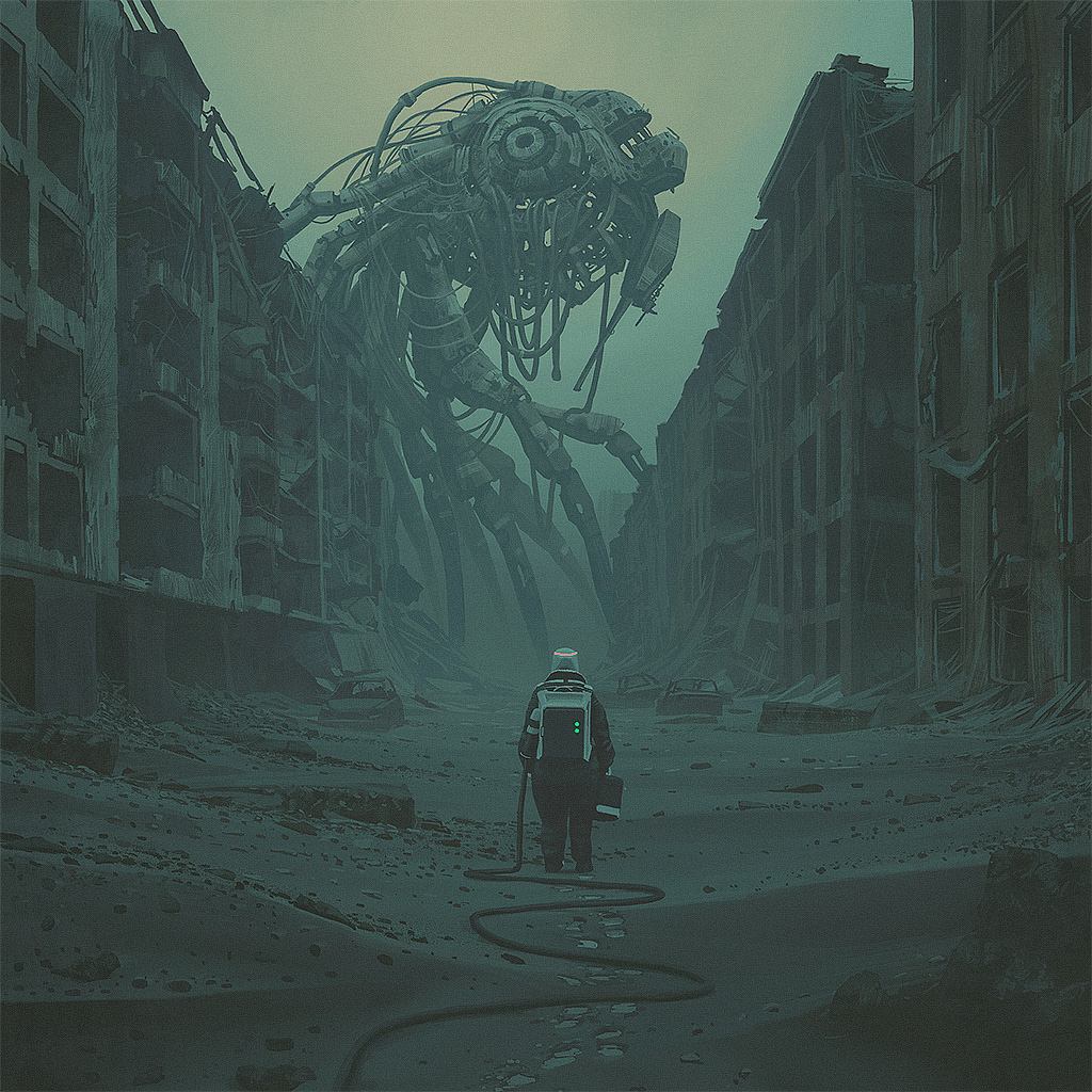 a lone figure, clad in a white spacesuit and carrying a backpack, walks through a desolate city. the city is in ruins, buildings are crumbling and dust and smoke fill the air. in the distance, a massive, metallic creature with multiple legs and a large, eyelike structure on its head looms over the city. the creature is obscured by fog, and its exact nature is unclear. the overall impression is one of danger, despair, and mystery.