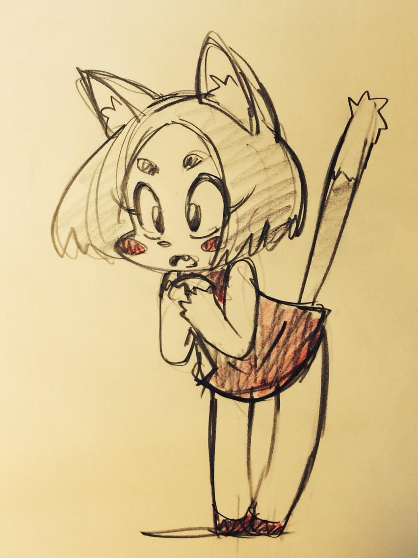 a pencil sketch of a young, shy catgirl. she's drawn in a manga style with large eyes, a small, simple dress and cat ears and tail.