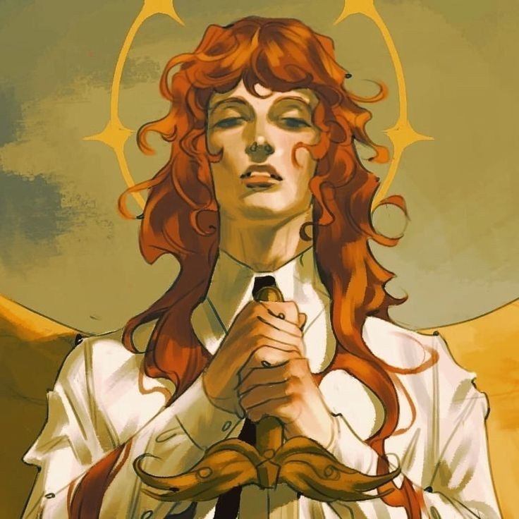 he image is a digital painting or illustration of a female character with long, curly red hair. she is depicted from the chest up, and her expression is serious and somewhat ethereal.  she wears a white, loosefitting shirt with a tie, and is holding a sword with both hands.  she appears to have angel wings partially visible behind her shoulders.  the background is muted gold and green tones, and there is a stylized golden halo or circlet behind her head, reminiscent of art nouveau or vintage styles. the overall style is fantasy art with a touch of elegance and mysticism. the colors are rich and warm, with a focus on the character's fiery red hair and the contrasting white of her shirt.