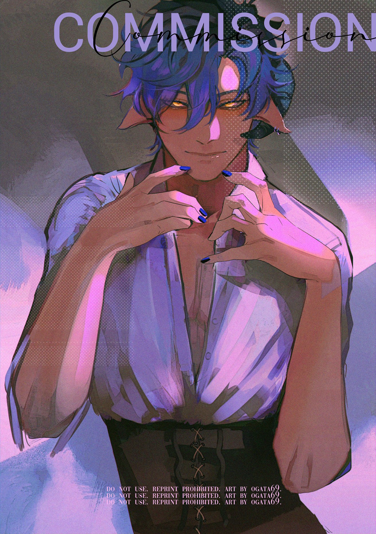 a digital painting of an anime character with blue hair and blue eyes. he is wearing a white shirt with black collar and a corset. he has his hands up to his chest and is smiling. he is posing in a dramatic fashion. the background is a light purple. the painting is a commission and the artist's name is in the bottom left corner of the image.