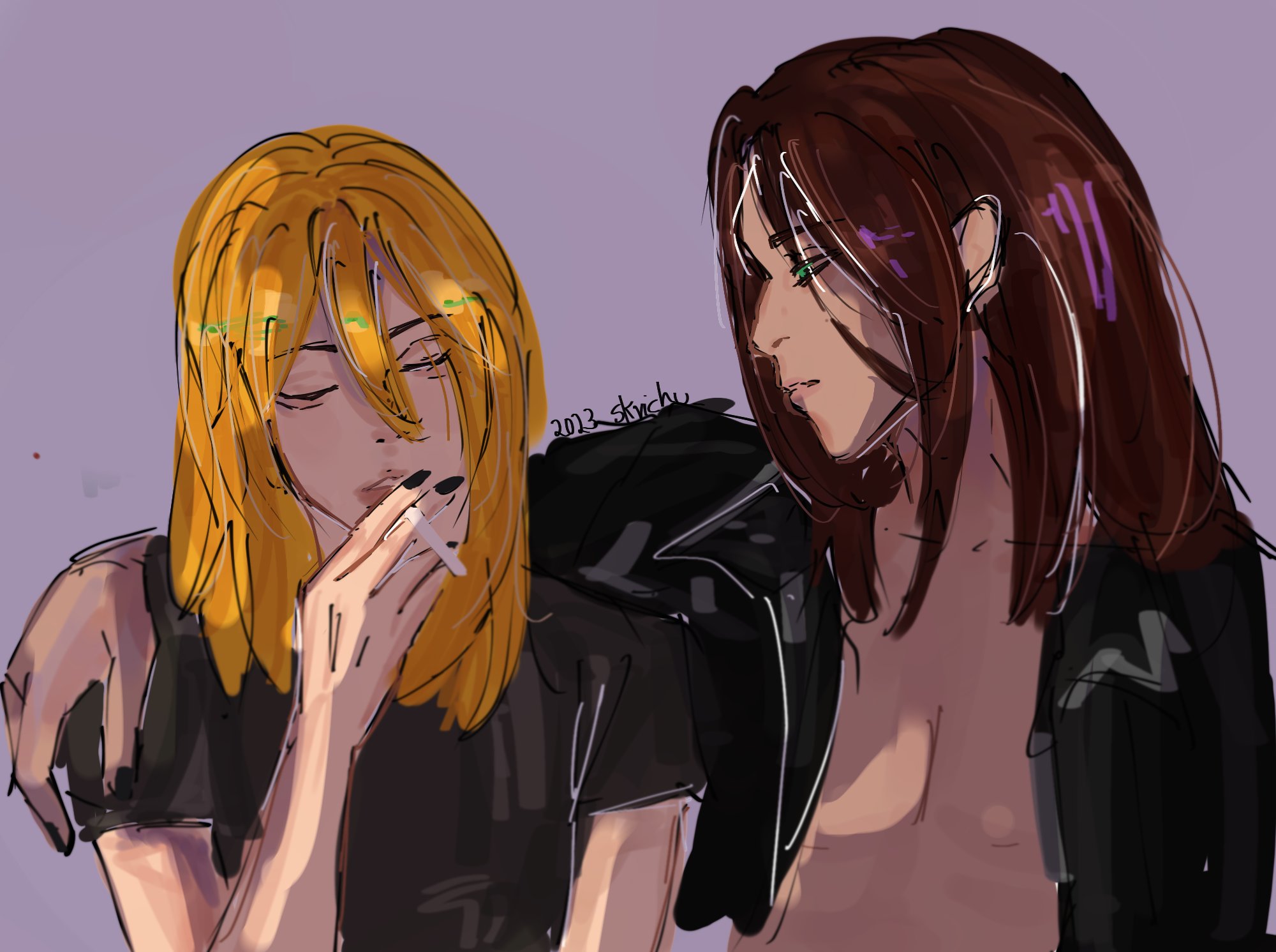 two young women, one with long blond hair and the other with long brown hair, are drawn in a closeup side view portrait. the woman with the blond hair is smoking a cigarette. the women are casually dressed in black.