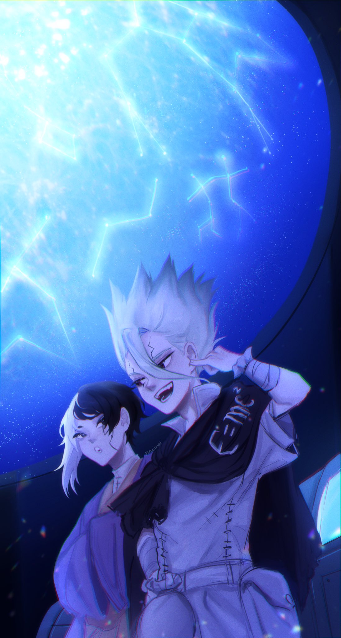 the image shows two anime characters looking at each other, with a soft blue galaxy behind them. the girl on the left wears a purple and black outfit, while the guy on the right is in black and white. the background features a circular window looking out into space. the image is bright and colourful, with a dynamic pose that suggests excitement and love. the image is drawn in a beautiful and expressive style.