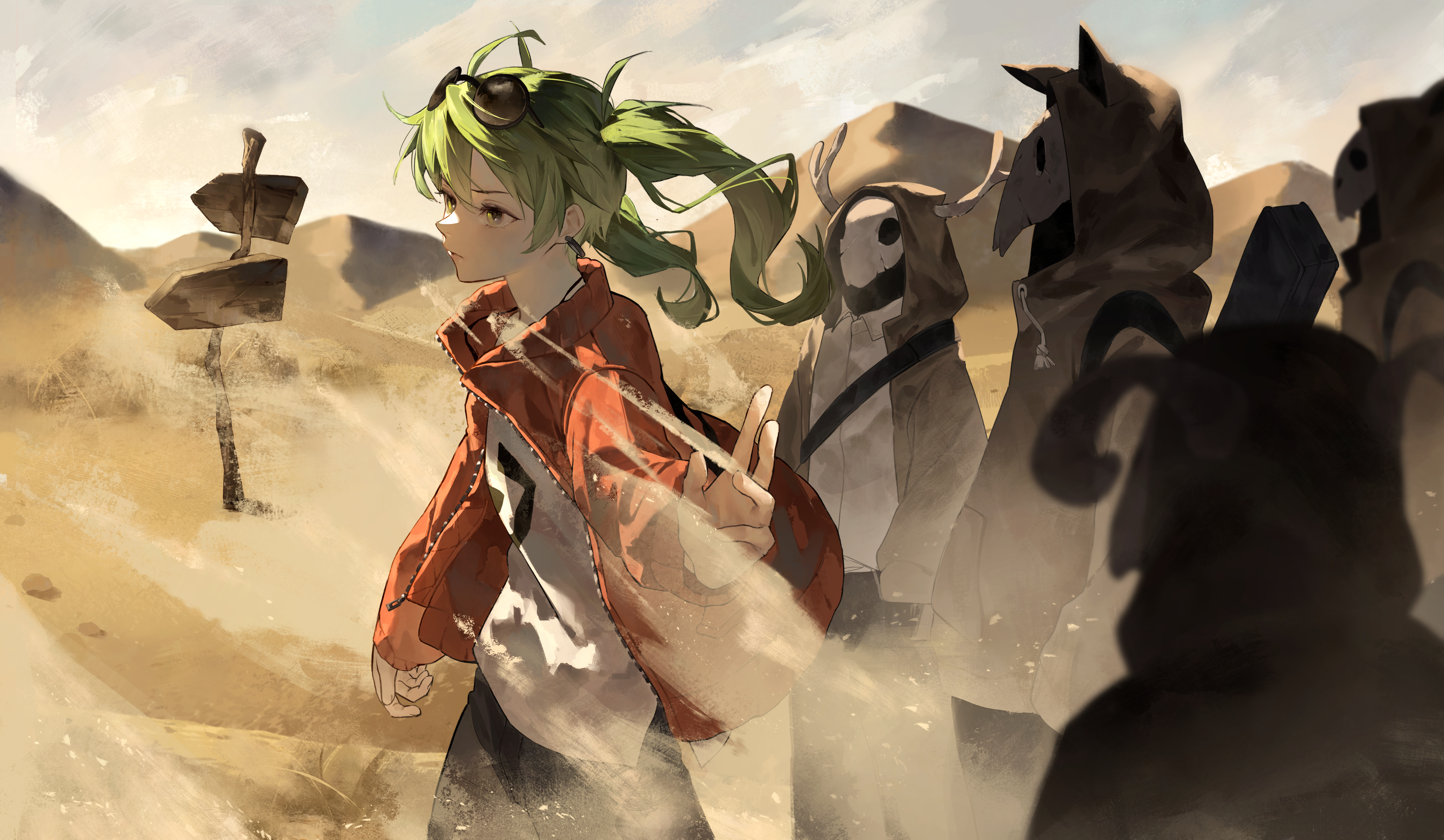 the image is a digital painting of an animestyle girl with bright green hair and sunglasses, wearing a red jacket, walking through a desert landscape.  a strong wind is blowing sand around her.  behind her are several other shadowy, hooded figures, giving the scene a somewhat mysterious and adventurous atmosphere.  a weathered wooden signpost is visible in the foreground, further emphasizing the sense of travel and journey. the overall style is painterly and evocative, with a focus on atmosphere and mood.