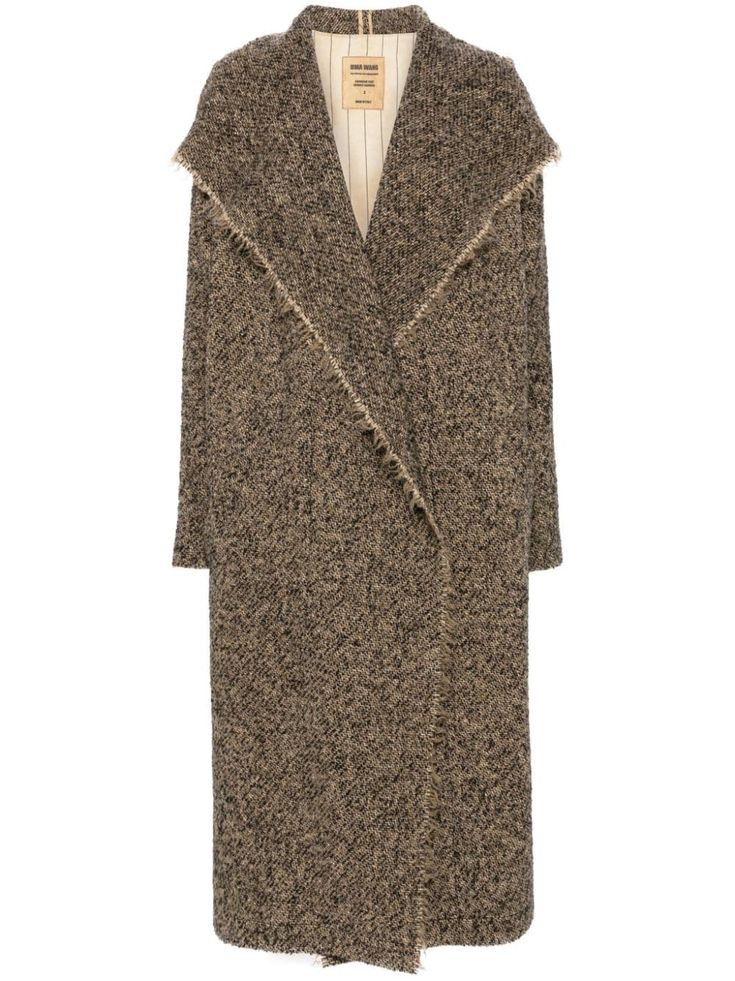 this is a women's brown knit long cardigan coat with a fringed collar. it's a warm, stylish and casual piece of clothing for the fall and winter season.