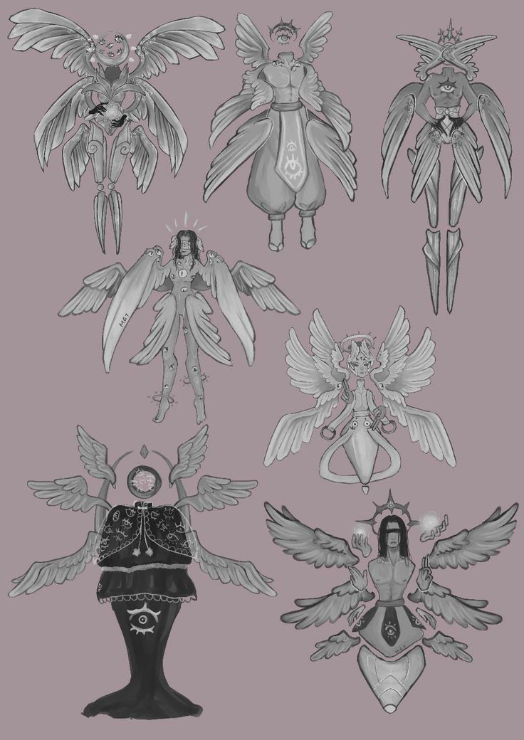 the image features a collection of nine angelic figures, each with distinct styles and characteristics. they are all depicted in a monochrome color palette, with black and white shades adding depth and contrast. the figures are rendered with varying degrees of detail, some with more intricate designs than others. the wings are prominent features in each design, showcasing a diversity of shapes, sizes, and patterns. some figures are depicted with halos, while others have other symbolic adornments. overall, the image suggests a sense of divine power and spirituality, capturing the essence of angels in a unique and multifaceted way.