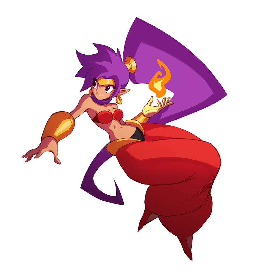 a cartoon illustration of shantae, a video game character who is a halfgenie. she has purple hair and is wearing a red, geniestyle outfit with gold accents. she is holding her hand up in the air, with fire coming out of it.