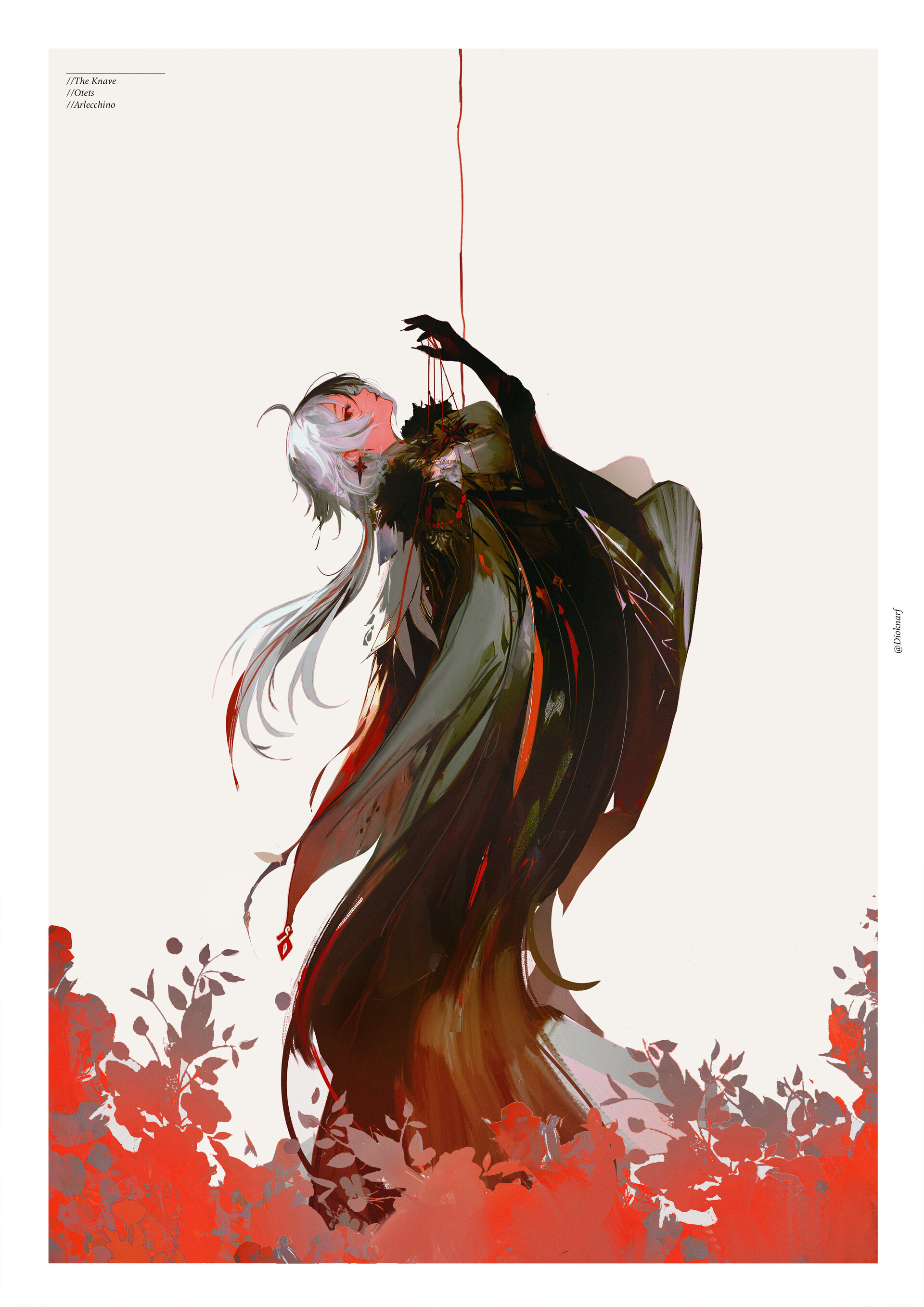 a woman with long white hair and a flowing black and red dress is suspended in midair, reaching upward with one hand. her body is contorted in a dramatic pose, and her expression is one of pain or anguish. she is surrounded by a field of red flowers, and the background is a stark white. the image is rendered in a painterly style, with loose brushstrokes and expressive use of color.
