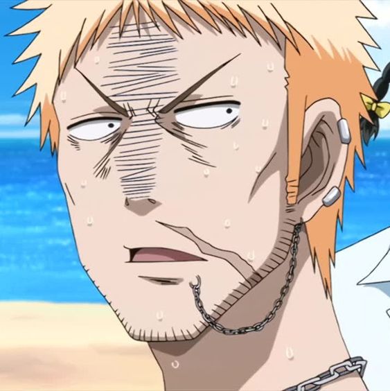 a closeup illustration of a young man with orange hair and a nervous expression, standing on a beach. he is sweating profusely, with droplets visible on his face and neck. his eyebrows are furrowed, and his mouth is slightly open in an anxious or uncomfortable expression. he has bandages on his forehead and cheek. the background suggests a bright, sunny day at the beach, with the blue ocean and sandy shore visible.