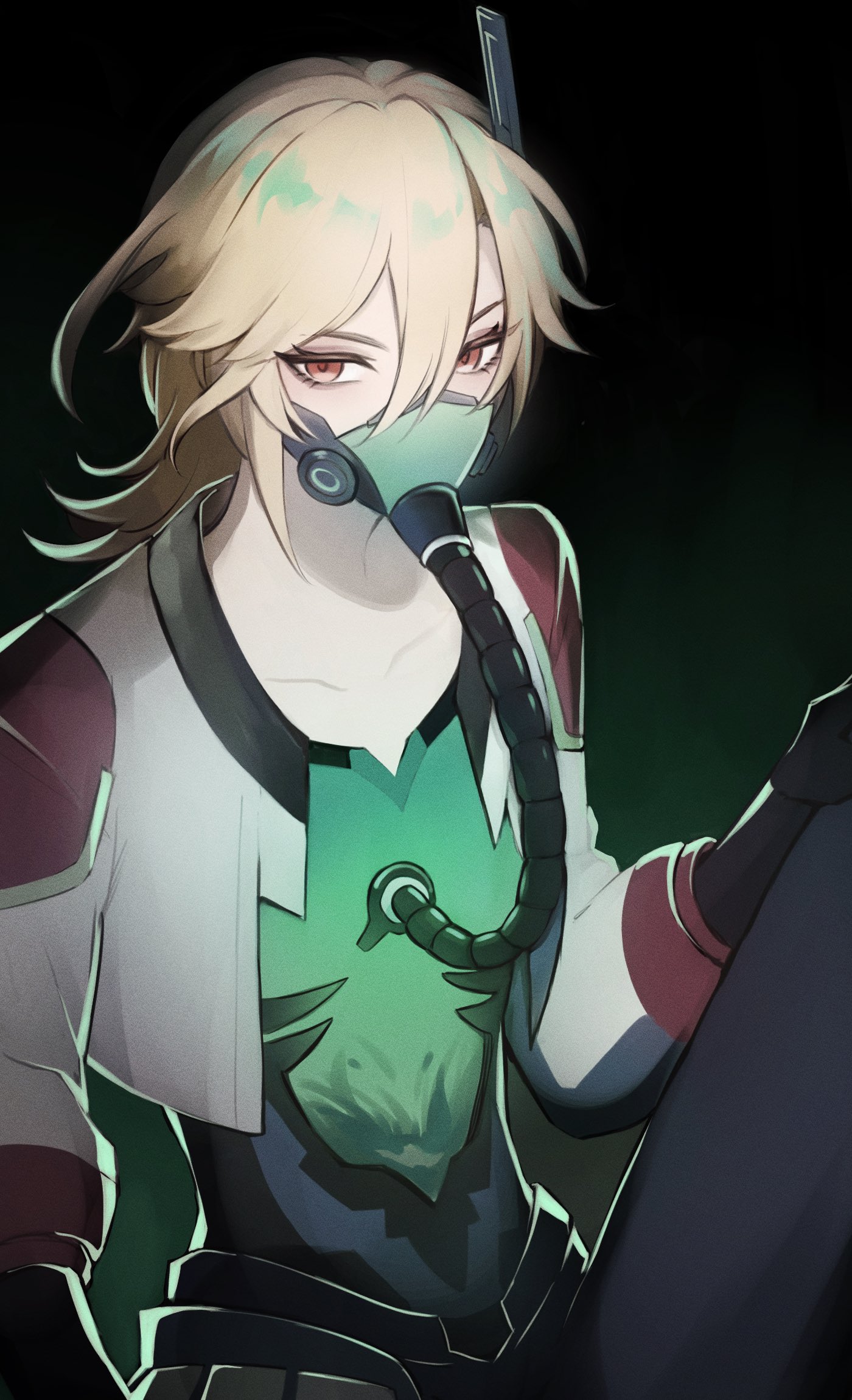 an anime style drawing of a young girl with blonde hair, wearing a white jacket with red and white sleeves. she has red eyes and is wearing a green mask. she is holding a gun in her right hand and is looking at the viewer.