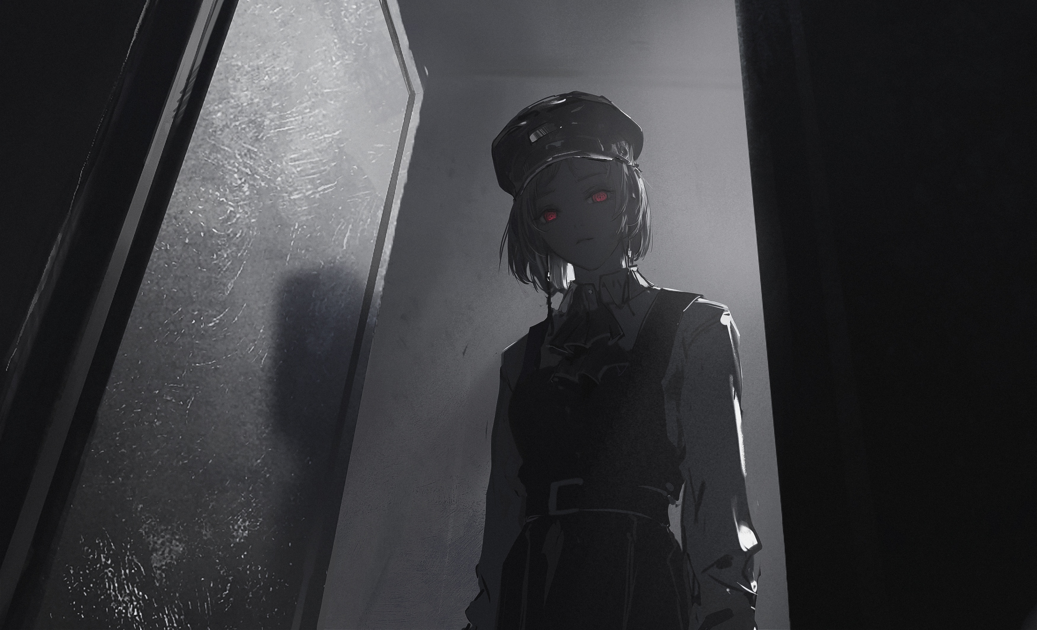 a black and white illustration of an anime girl standing in a dark doorway. she is wearing a hat and has red eyes. the girl is standing in shadow, and the doorway is dark and mysterious. the image has a spooky and atmospheric feel.