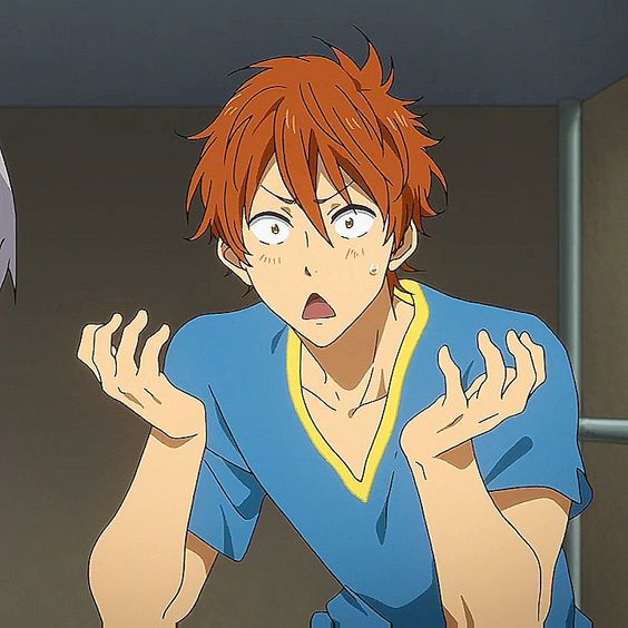 this is a closeup illustration of an anime boy looking surprised and embarrassed. he has bright orange hair and is wearing a blue tshirt with a yellow collar. he's sweating slightly, and his mouth is open in shock. he has his hands raised, palms out, as if to say "what?!" or "i can't believe it!"  the setting appears to be a locker room, suggesting he may be involved in some sort of sport.