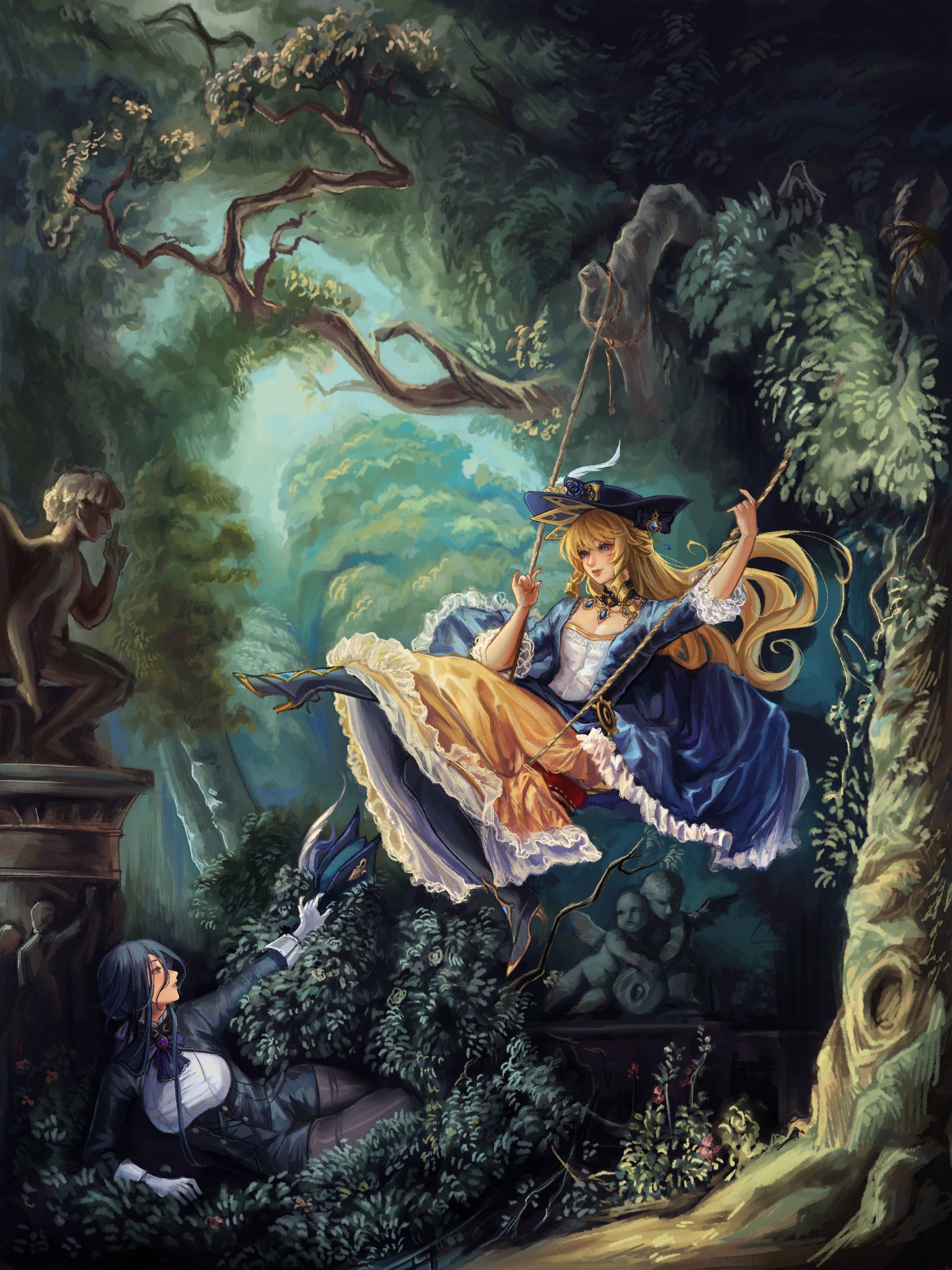 a blonde woman in a blue and yellow dress swings on a rope swing in a lush forest. she is surrounded by greenery and trees. a second woman in a black dress is watching from below. the scene is whimsical and fantastical, evoking a sense of magic and enchantment.