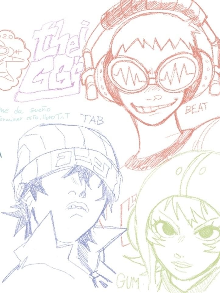 this image shows a drawing of four anime characters. each character is drawn with a different colored pen or pencil. the characters are positioned in a way that suggests they are a band, with each character wearing a different kind of hat or headwear.  the band's name, "the get", is written across the top of the image.  the words "tab", "beat", and "gum" are written next to each character.